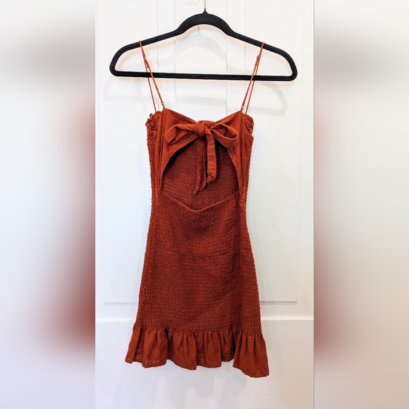 Abercrbie & Fitch Linen Blend Burnt Orange Smocked Mini Dress | Xs Petite - Picture 4 of 6